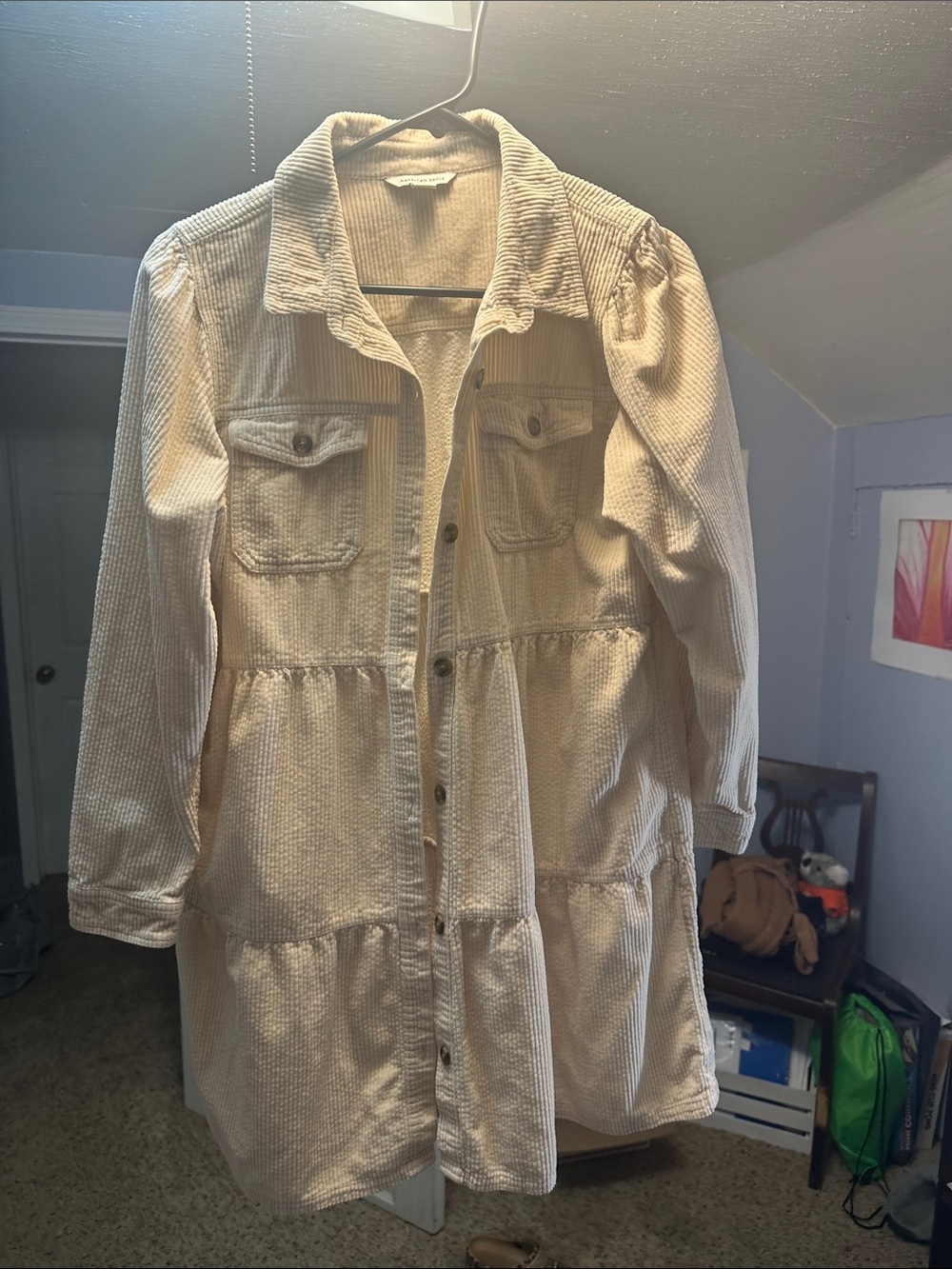 American Eagle Outfitters Cream Corduroy Tiered Midi Dress